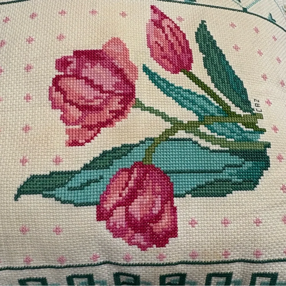 Vtg‎ Floral Cross-Stitch Needlepoint Tapestry Pillow Easter 15x16 Cottagecore